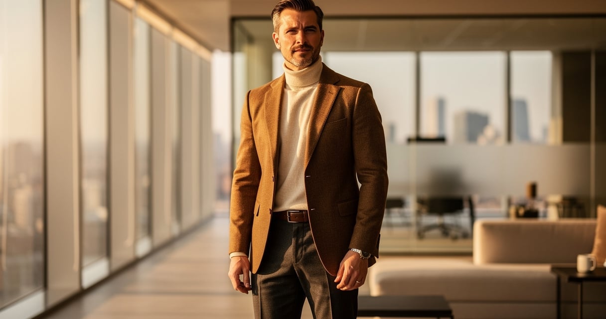 Homme en blazer marron tabac et col roule creme dans un bureau lumineux