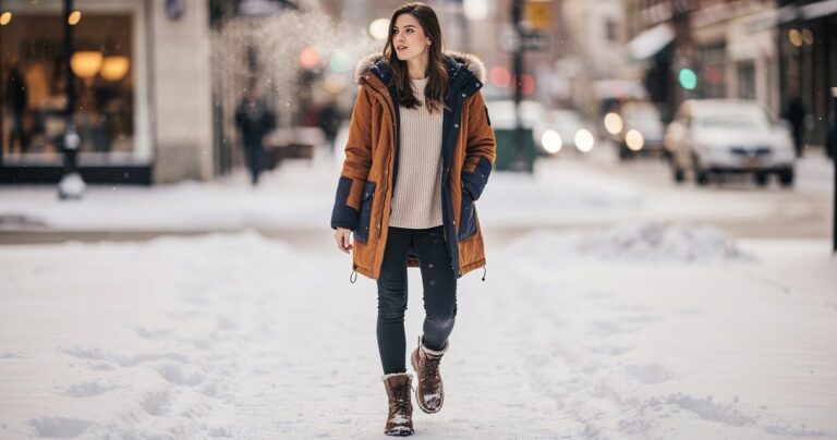 Femme portant une parka d'hiver chaude en marchant dans une rue enneigée