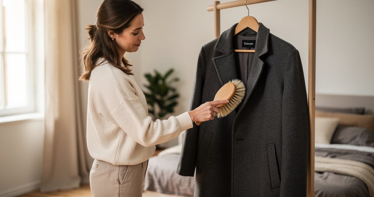 Brossage delicat d'un manteau en laine grise pour entretenir sa veste d'hiver