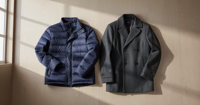 Doudoune en duvet et manteau en laine posés côte à côte sur une surface en bois clair