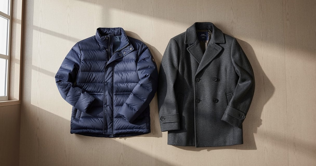 Doudoune en duvet et manteau en laine posés côte à côte sur une surface en bois clair