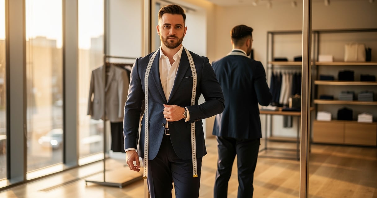 Homme vérifiant la taille de sa veste devant un miroir en boutique