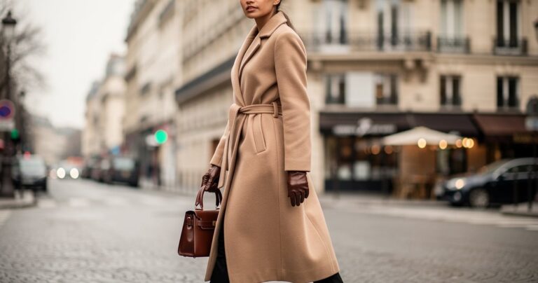 Femme élégante en manteau long camel ceinturé marchant dans une rue parisienne