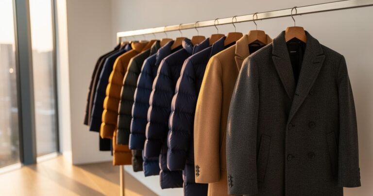 Collection de vestes d'hiver haut de gamme suspendues dans une boutique