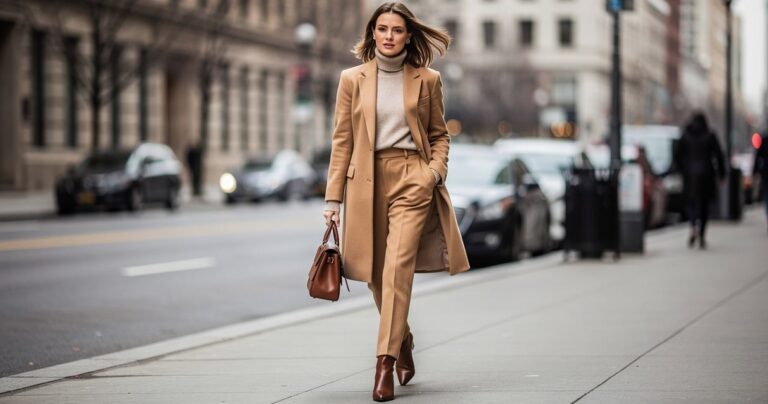 Femme élégante en tailleur veste camel dans une rue en hiver