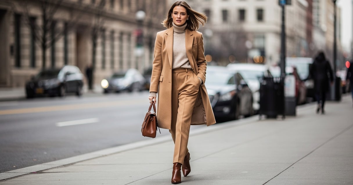 Femme élégante en tailleur veste camel dans une rue en hiver