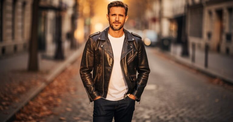 Homme portant une veste perfecto vintage en cuir noir patiné dans une rue pavée à l'automne