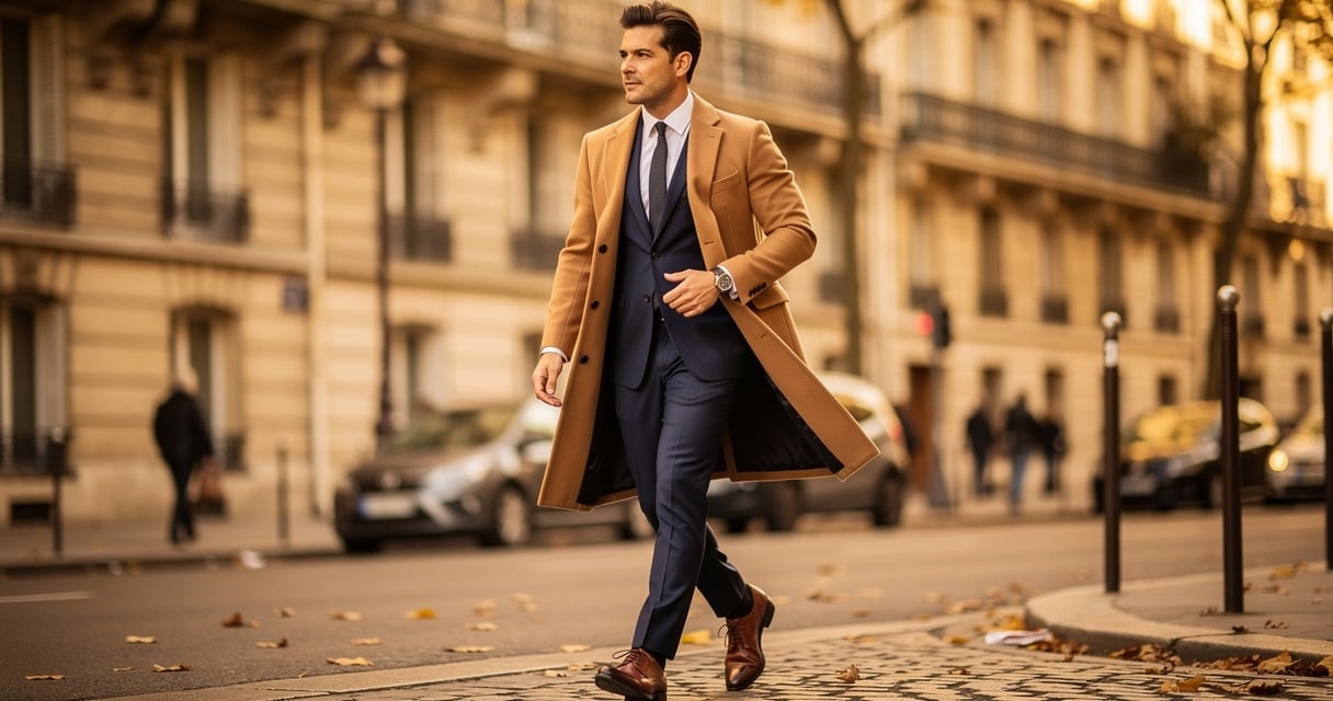 Homme élégant portant une veste 3/4 camel sur un costume marine dans une rue parisienne