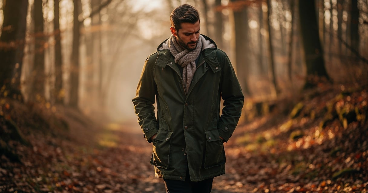 Homme portant une parka outdoor verte dans une forêt automnale