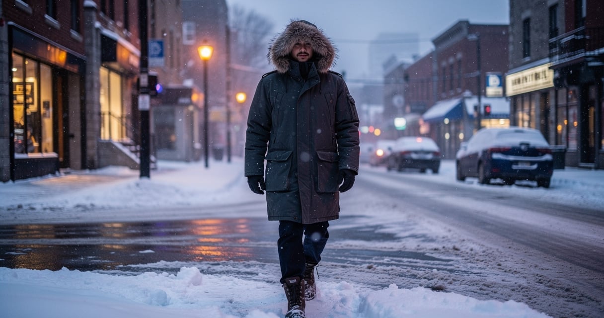 Personne portant une parka grand froid avec capuche bordée de fourrure dans une rue enneigée de Montréal