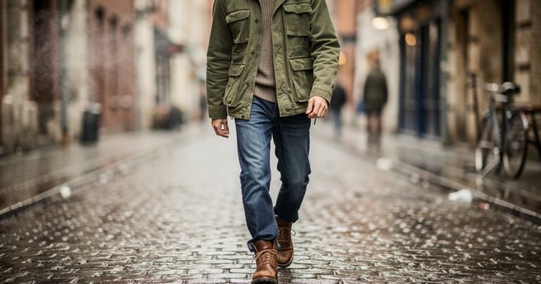 Homme portant une veste cargo olive workwear avec poches multiples dans une rue urbaine en hiver