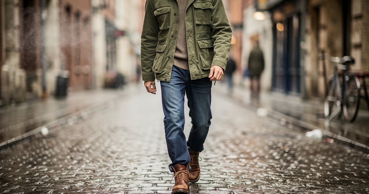 Homme portant une veste cargo olive workwear avec poches multiples dans une rue urbaine en hiver