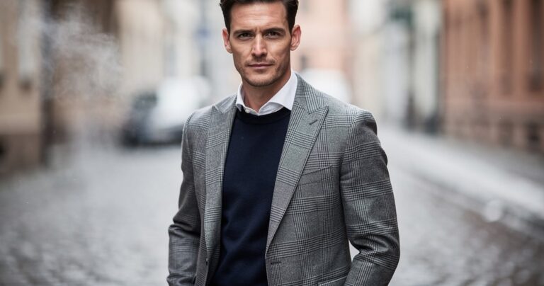Homme portant une veste à carreaux Prince de Galles grise en hiver dans une rue pavée