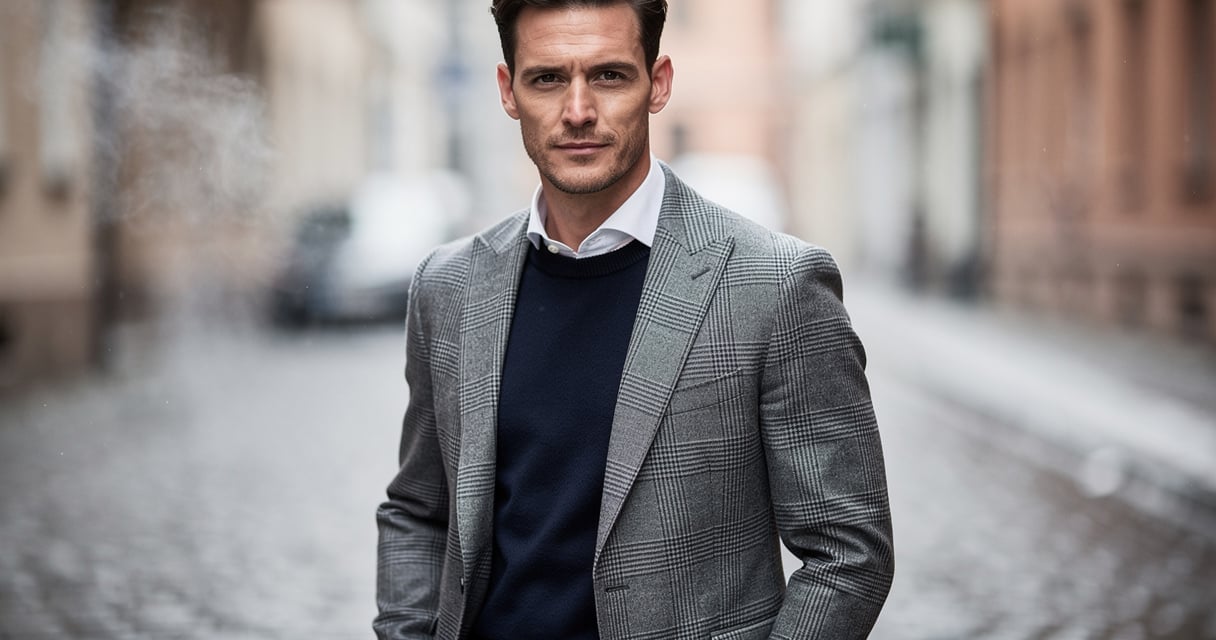 Homme portant une veste à carreaux Prince de Galles grise en hiver dans une rue pavée