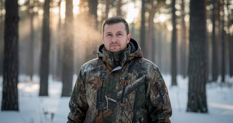 Chasseur en veste camouflage forêt sous la neige en forêt de pins