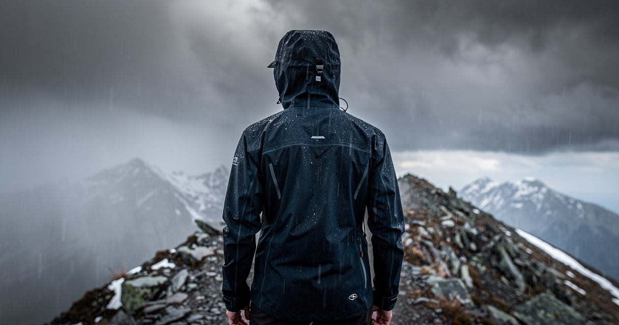 Randonneur en veste impermeable hardshell sous la pluie hivernale en montagne