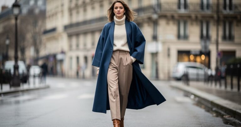 Femme portant une veste kimono haori indigo en laine sur un col roule cachemire en hiver
