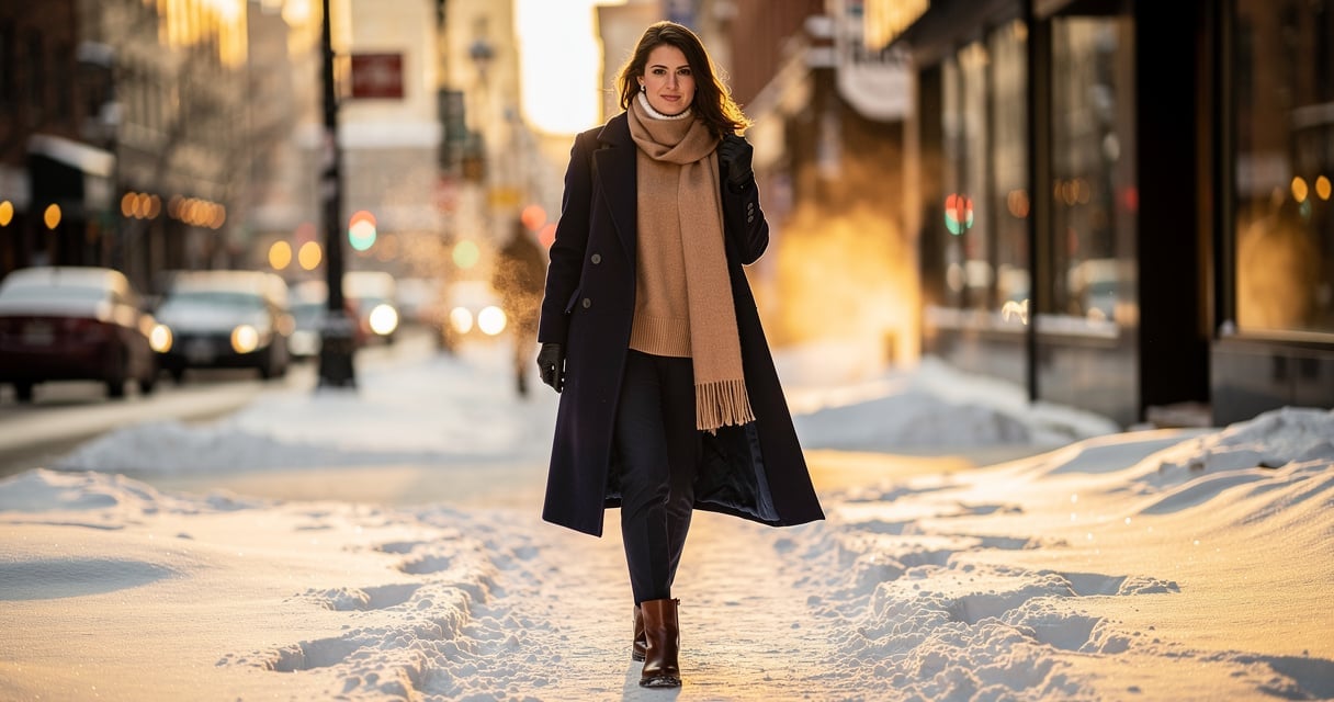 Femme portant un long manteau en laine dans une rue enneigée en hiver