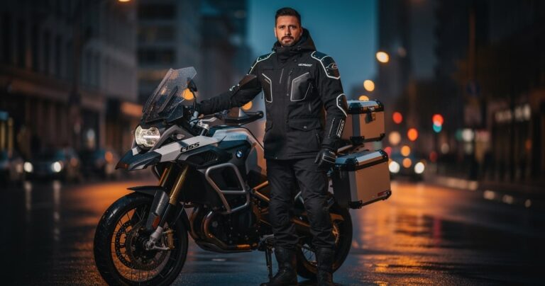 Motard en veste moto hiver noire avec protections CE devant une moto adventure