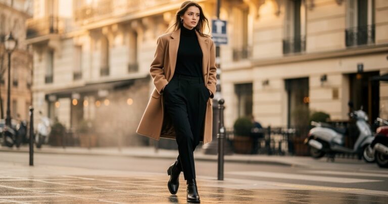 Femme portant une veste oversize camel en laine sur un col roulé noir et un pantalon slim noir en hiver
