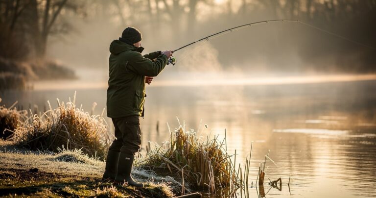 Pêcheur portant une veste de pêche hiver vert foncé au bord d'une rivière brumeuse