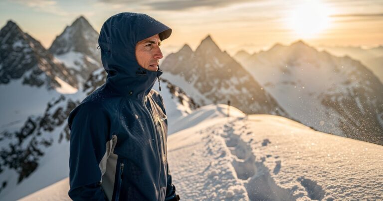 Randonneur en veste hardshell technique sur une crête enneigée des Alpes