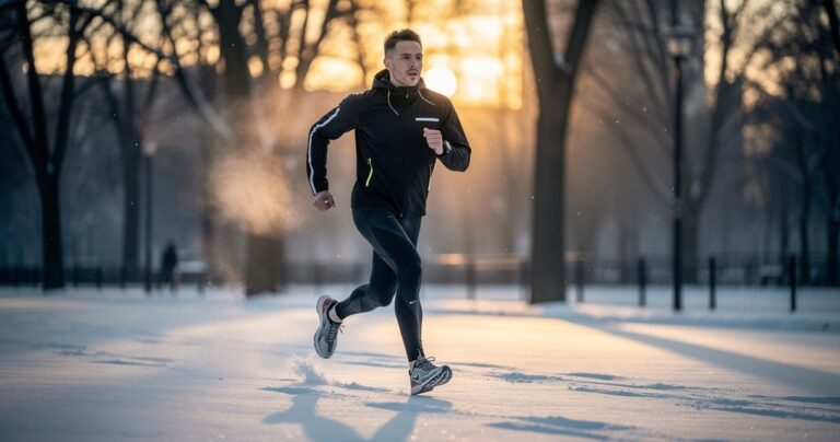 Coureur en veste running hiver technique sur sentier enneigé à l aube