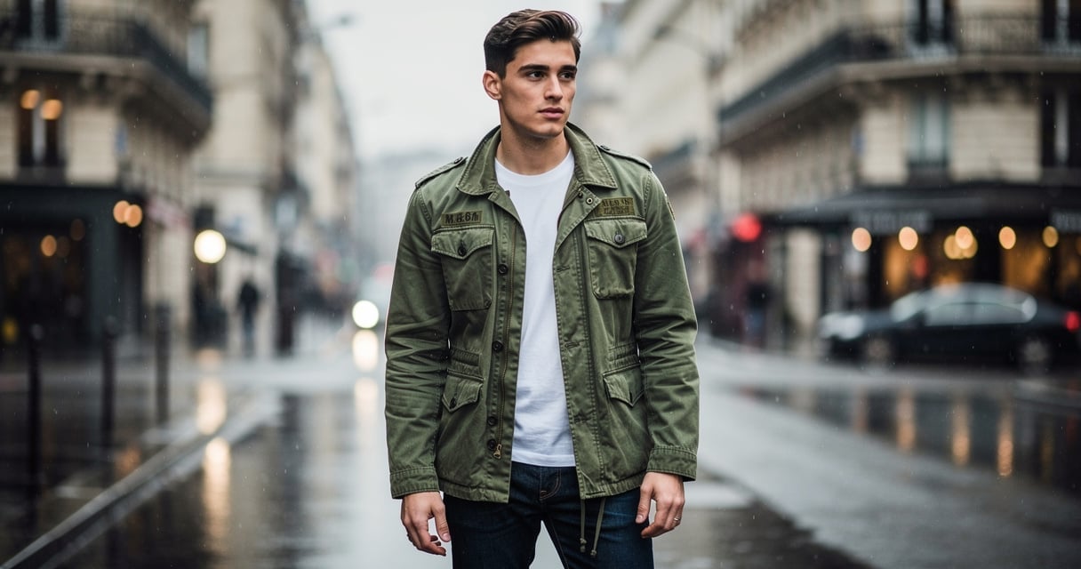 Homme portant une veste militaire M-65 olive dans une rue urbaine en hiver