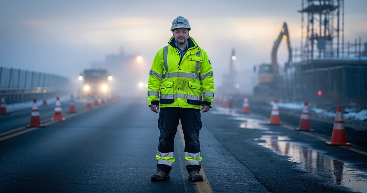 Ouvrier portant une veste de travail haute visibilite jaune sur un chantier hivernal