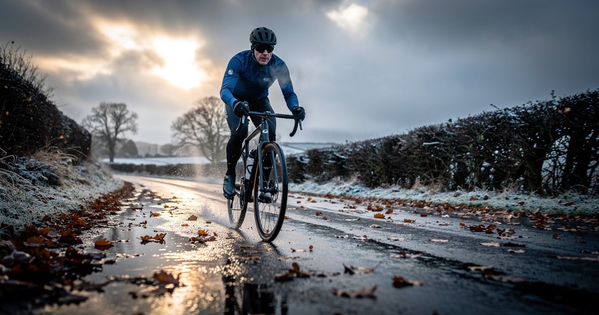 Cycliste portant une veste vélo hiver softshell sur route mouillée par temps froid