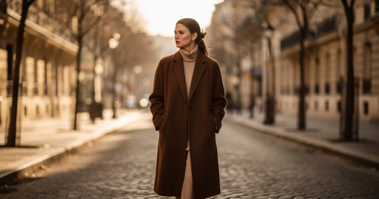 Femme en manteau chocolat oversize dans une rue parisienne en hiver