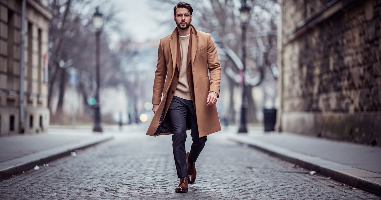 Homme portant un manteau long camel en laine dans une rue en hiver